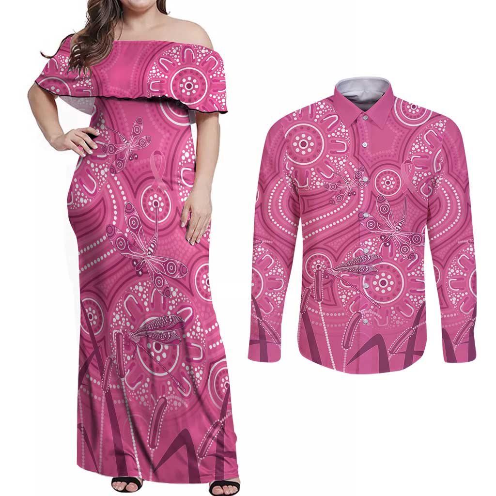 Australia Indigenous Pink Month Couples Matching Off Shoulder Maxi Dress and Long Sleeve Button Shirt Breast Cancer Aboriginal Dragonflies Ribbon - Aussie Hoodie