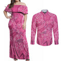 Australia Indigenous Pink Month Couples Matching Off Shoulder Maxi Dress and Long Sleeve Button Shirt Breast Cancer Aboriginal Dragonflies Ribbon - Aussie Hoodie
