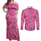 Australia Indigenous Pink Month Couples Matching Off Shoulder Maxi Dress and Long Sleeve Button Shirt Breast Cancer Aboriginal Dragonflies Ribbon - Aussie Hoodie