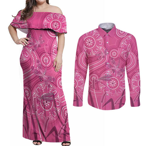 Australia Indigenous Pink Month Couples Matching Off Shoulder Maxi Dress and Long Sleeve Button Shirt Breast Cancer Aboriginal Dragonflies Ribbon - Aussie Hoodie