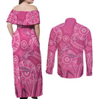 Australia Indigenous Pink Month Couples Matching Off Shoulder Maxi Dress and Long Sleeve Button Shirt Breast Cancer Aboriginal Dragonflies Ribbon - Aussie Hoodie