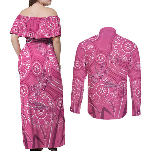 Australia Indigenous Pink Month Couples Matching Off Shoulder Maxi Dress and Long Sleeve Button Shirt Breast Cancer Aboriginal Dragonflies Ribbon - Aussie Hoodie
