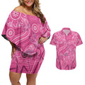Australia Indigenous Pink Month Couples Matching Off Shoulder Short Dress and Hawaiian Shirt Breast Cancer Aboriginal Dragonflies Ribbon - Aussie Hoodie