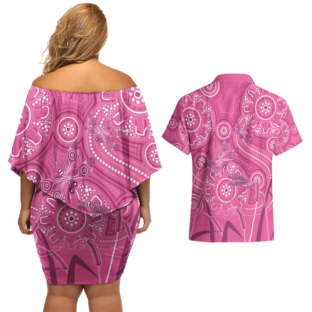 Australia Indigenous Pink Month Couples Matching Off Shoulder Short Dress and Hawaiian Shirt Breast Cancer Aboriginal Dragonflies Ribbon - Aussie Hoodie