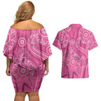 Australia Indigenous Pink Month Couples Matching Off Shoulder Short Dress and Hawaiian Shirt Breast Cancer Aboriginal Dragonflies Ribbon - Aussie Hoodie