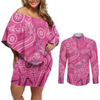 Australia Indigenous Pink Month Couples Matching Off Shoulder Short Dress and Long Sleeve Button Shirt Breast Cancer Aboriginal Dragonflies Ribbon - Aussie Hoodie