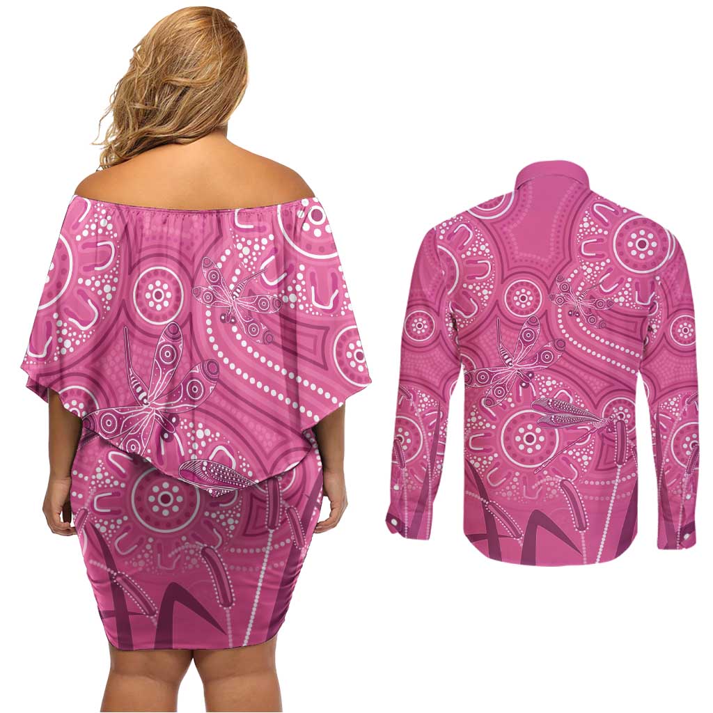 Australia Indigenous Pink Month Couples Matching Off Shoulder Short Dress and Long Sleeve Button Shirt Breast Cancer Aboriginal Dragonflies Ribbon - Aussie Hoodie