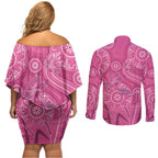 Australia Indigenous Pink Month Couples Matching Off Shoulder Short Dress and Long Sleeve Button Shirt Breast Cancer Aboriginal Dragonflies Ribbon - Aussie Hoodie