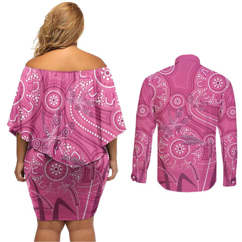 Australia Indigenous Pink Month Couples Matching Off Shoulder Short Dress and Long Sleeve Button Shirt Breast Cancer Aboriginal Dragonflies Ribbon - Aussie Hoodie