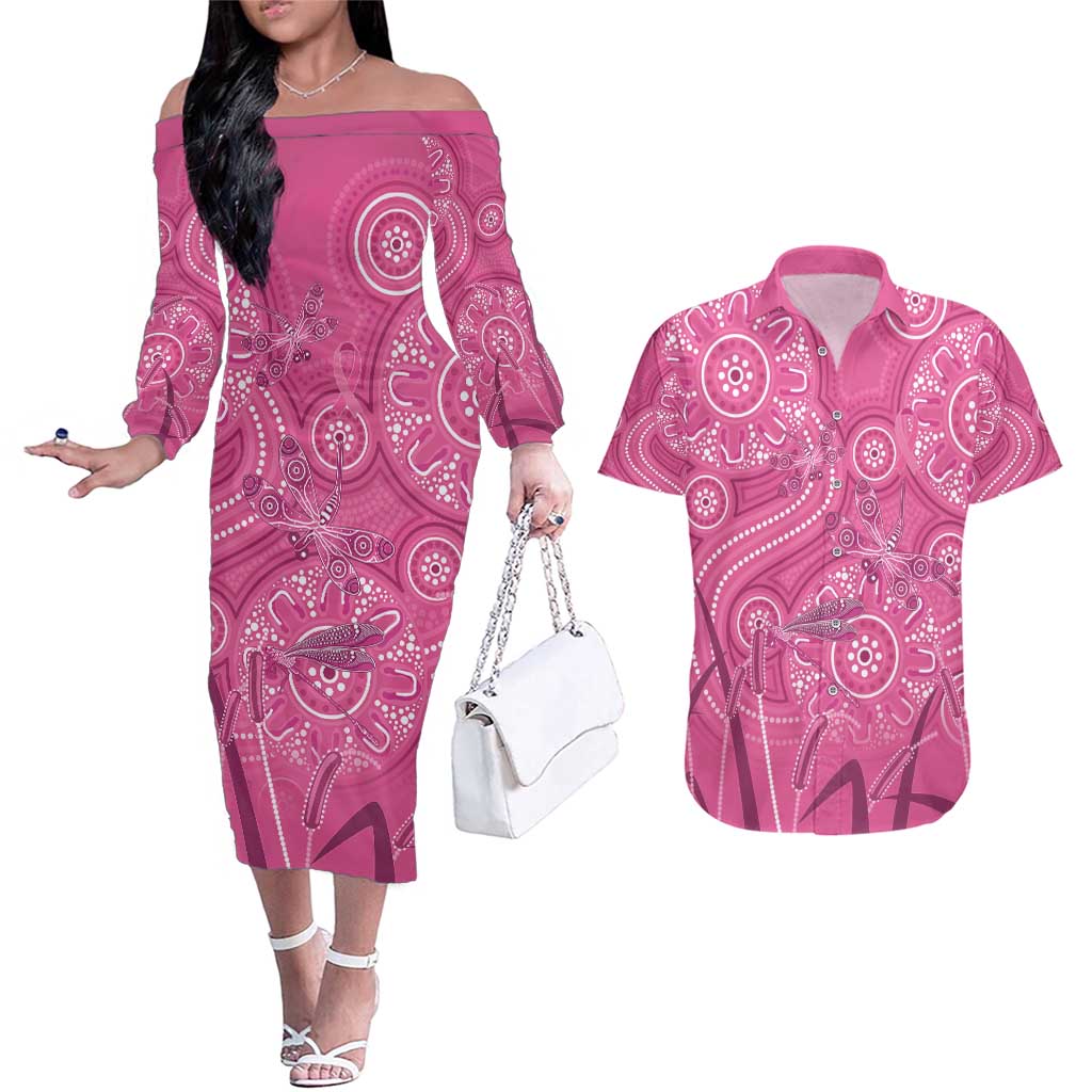 Australia Indigenous Pink Month Couples Matching Off The Shoulder Long Sleeve Dress and Hawaiian Shirt Breast Cancer Aboriginal Dragonflies Ribbon - Aussie Hoodie