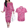 Australia Indigenous Pink Month Couples Matching Off The Shoulder Long Sleeve Dress and Hawaiian Shirt Breast Cancer Aboriginal Dragonflies Ribbon - Aussie Hoodie