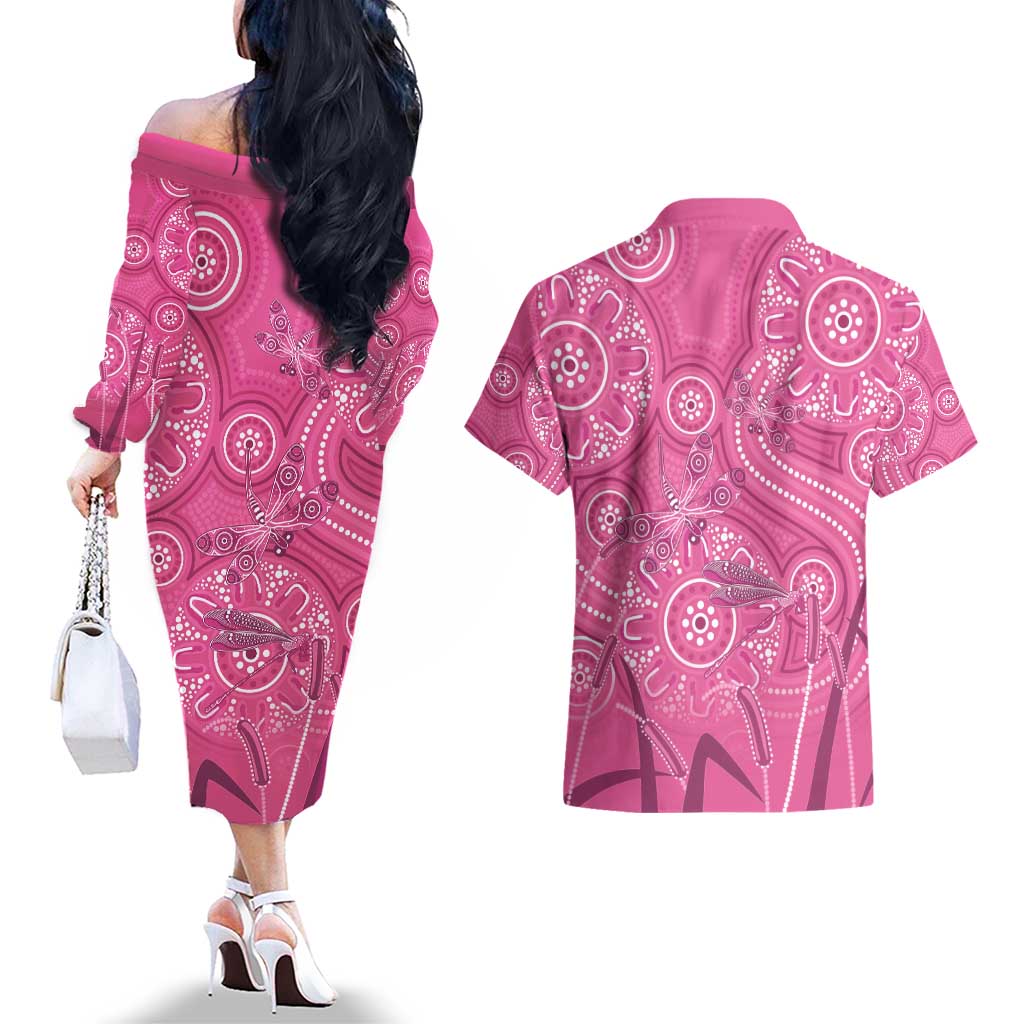 Australia Indigenous Pink Month Couples Matching Off The Shoulder Long Sleeve Dress and Hawaiian Shirt Breast Cancer Aboriginal Dragonflies Ribbon - Aussie Hoodie
