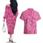 Australia Indigenous Pink Month Couples Matching Off The Shoulder Long Sleeve Dress and Hawaiian Shirt Breast Cancer Aboriginal Dragonflies Ribbon - Aussie Hoodie