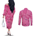 Australia Indigenous Pink Month Couples Matching Off The Shoulder Long Sleeve Dress and Long Sleeve Button Shirt Breast Cancer Aboriginal Dragonflies Ribbon - Aussie Hoodie