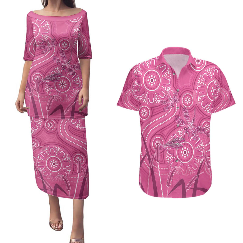 Australia Indigenous Pink Month Couples Matching Puletasi and Hawaiian Shirt Breast Cancer Aboriginal Dragonflies Ribbon - Aussie Hoodie