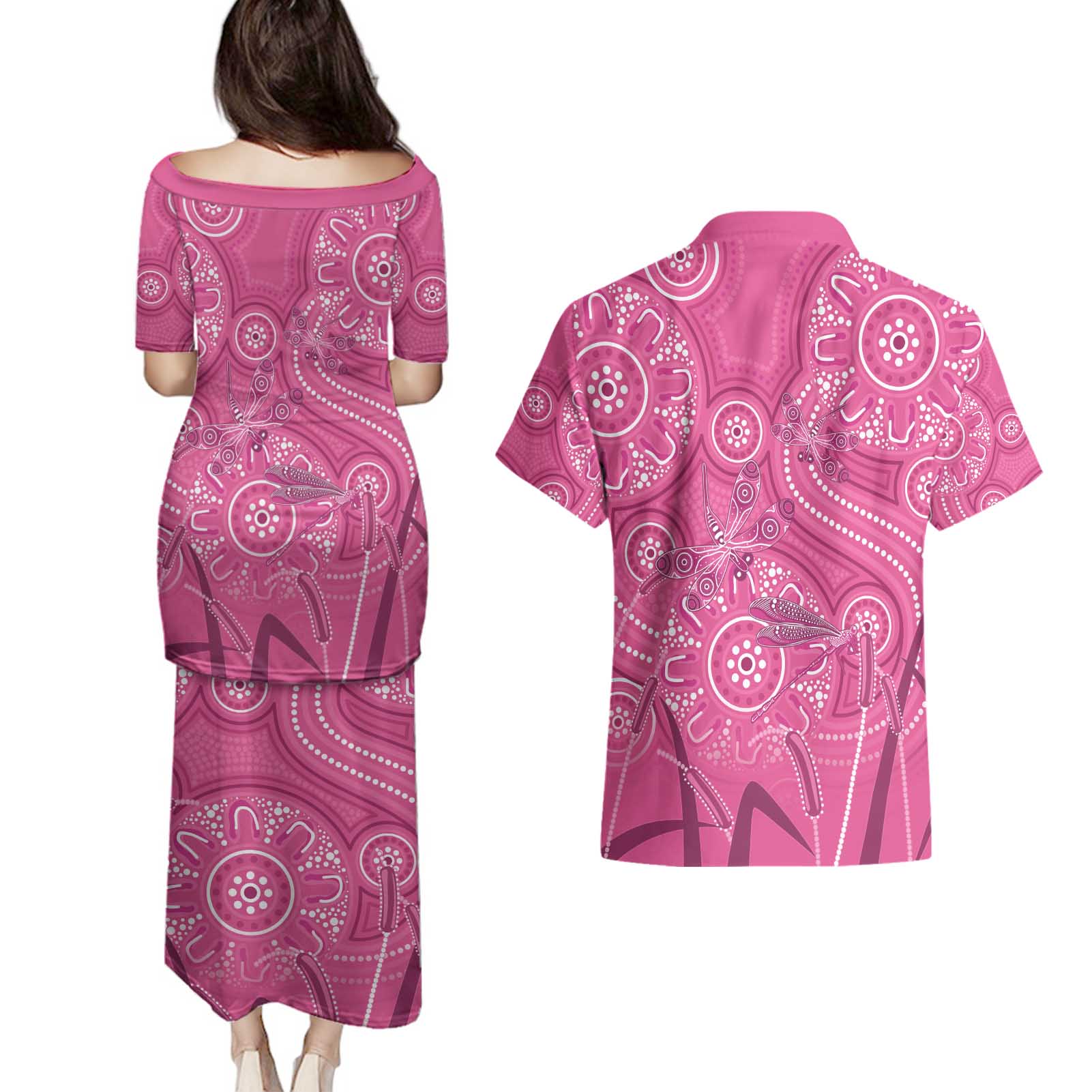 Australia Indigenous Pink Month Couples Matching Puletasi and Hawaiian Shirt Breast Cancer Aboriginal Dragonflies Ribbon - Aussie Hoodie