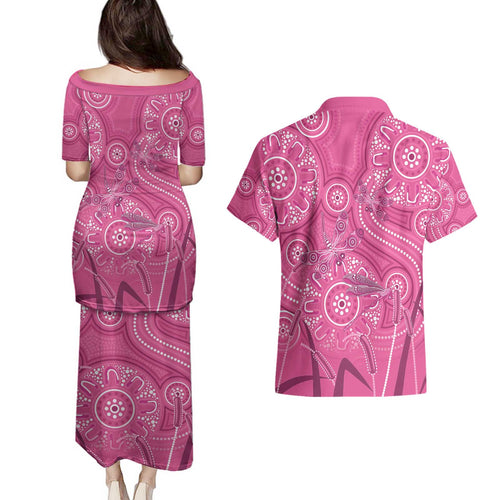 Australia Indigenous Pink Month Couples Matching Puletasi and Hawaiian Shirt Breast Cancer Aboriginal Dragonflies Ribbon - Aussie Hoodie
