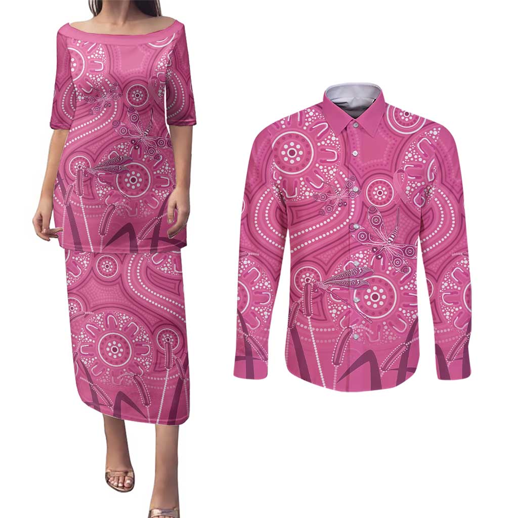 Australia Indigenous Pink Month Couples Matching Puletasi and Long Sleeve Button Shirt Breast Cancer Aboriginal Dragonflies Ribbon - Aussie Hoodie