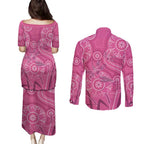 Australia Indigenous Pink Month Couples Matching Puletasi and Long Sleeve Button Shirt Breast Cancer Aboriginal Dragonflies Ribbon - Aussie Hoodie