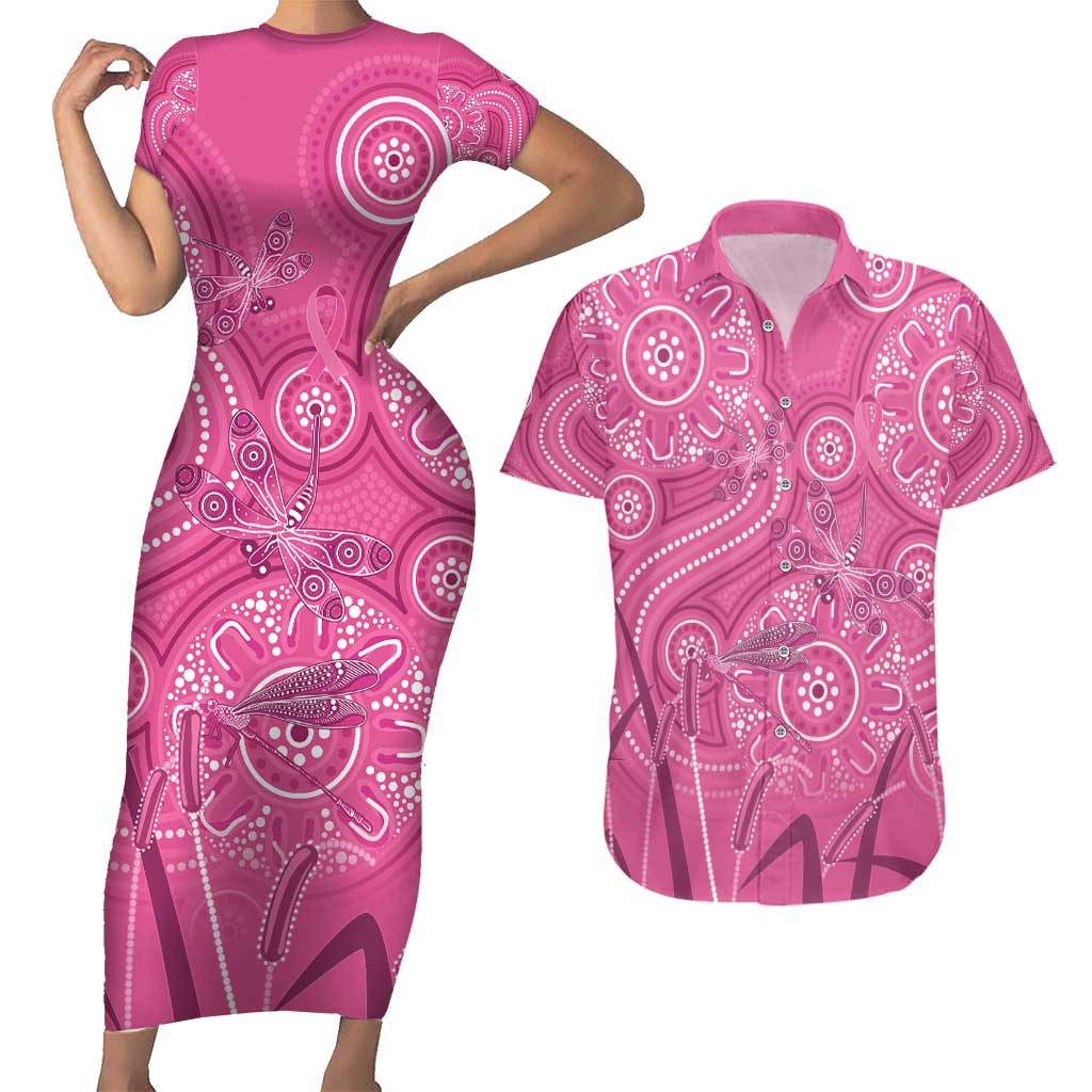 Australia Indigenous Pink Month Couples Matching Short Sleeve Bodycon Dress and Hawaiian Shirt Breast Cancer Aboriginal Dragonflies Ribbon - Aussie Hoodie
