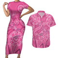 Australia Indigenous Pink Month Couples Matching Short Sleeve Bodycon Dress and Hawaiian Shirt Breast Cancer Aboriginal Dragonflies Ribbon - Aussie Hoodie