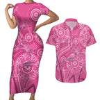 Australia Indigenous Pink Month Couples Matching Short Sleeve Bodycon Dress and Hawaiian Shirt Breast Cancer Aboriginal Dragonflies Ribbon - Aussie Hoodie