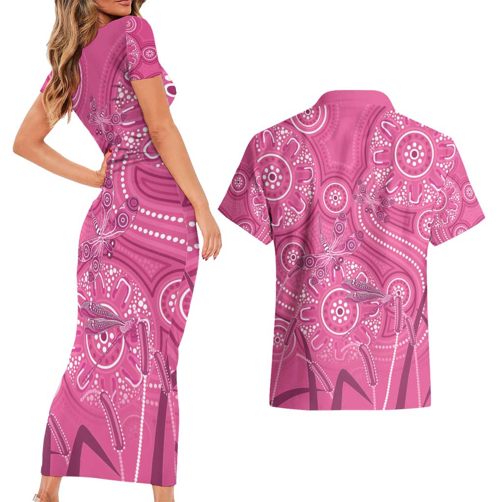 Australia Indigenous Pink Month Couples Matching Short Sleeve Bodycon Dress and Hawaiian Shirt Breast Cancer Aboriginal Dragonflies Ribbon - Aussie Hoodie