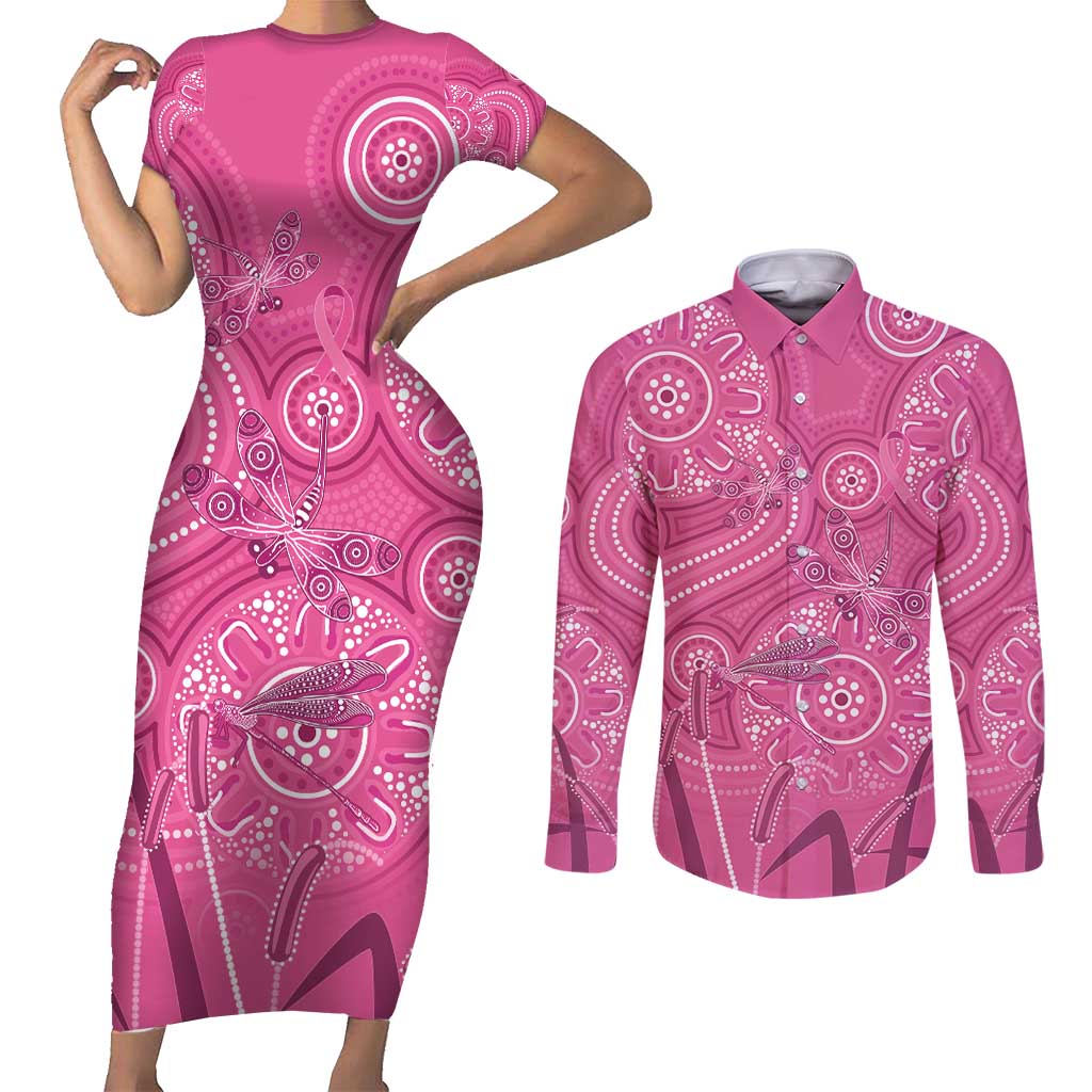 Australia Indigenous Pink Month Couples Matching Short Sleeve Bodycon Dress and Long Sleeve Button Shirt Breast Cancer Aboriginal Dragonflies Ribbon - Aussie Hoodie