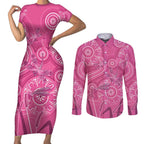 Australia Indigenous Pink Month Couples Matching Short Sleeve Bodycon Dress and Long Sleeve Button Shirt Breast Cancer Aboriginal Dragonflies Ribbon - Aussie Hoodie