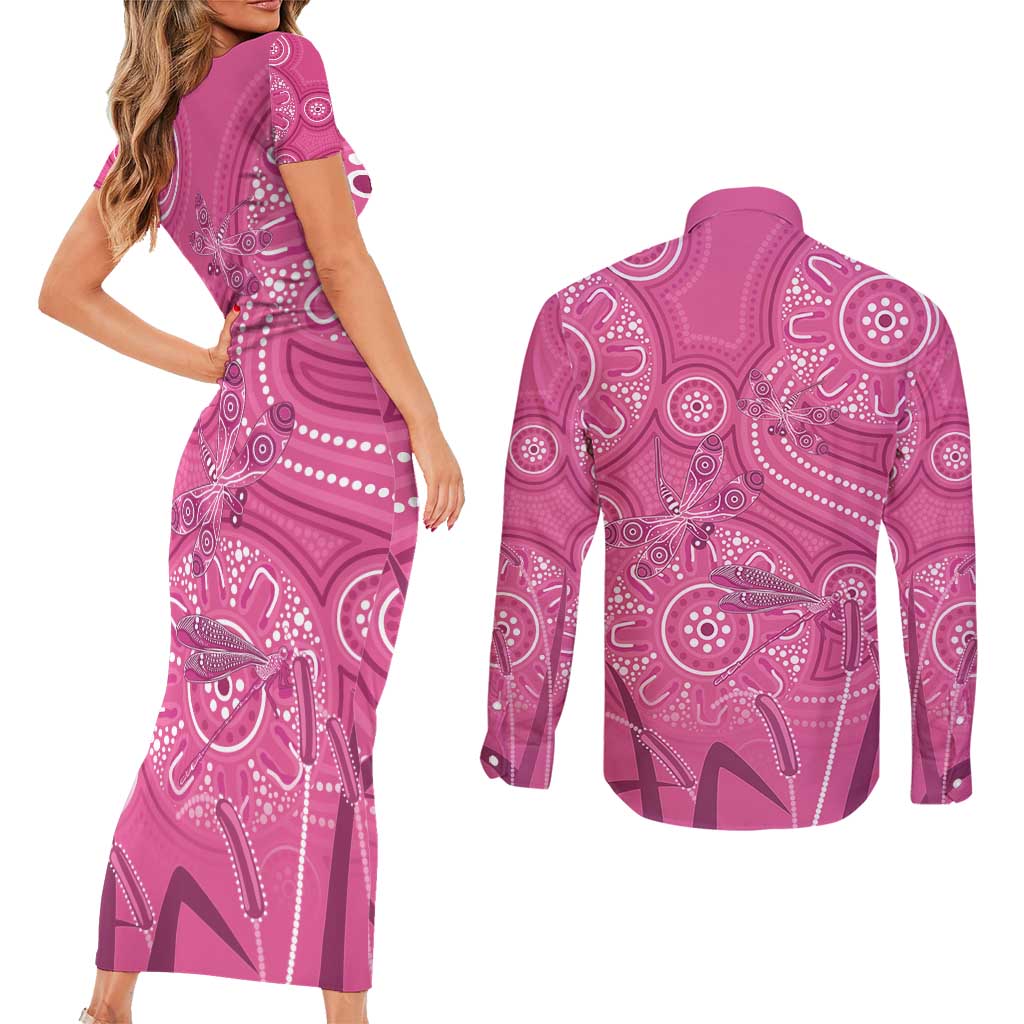 Australia Indigenous Pink Month Couples Matching Short Sleeve Bodycon Dress and Long Sleeve Button Shirt Breast Cancer Aboriginal Dragonflies Ribbon - Aussie Hoodie