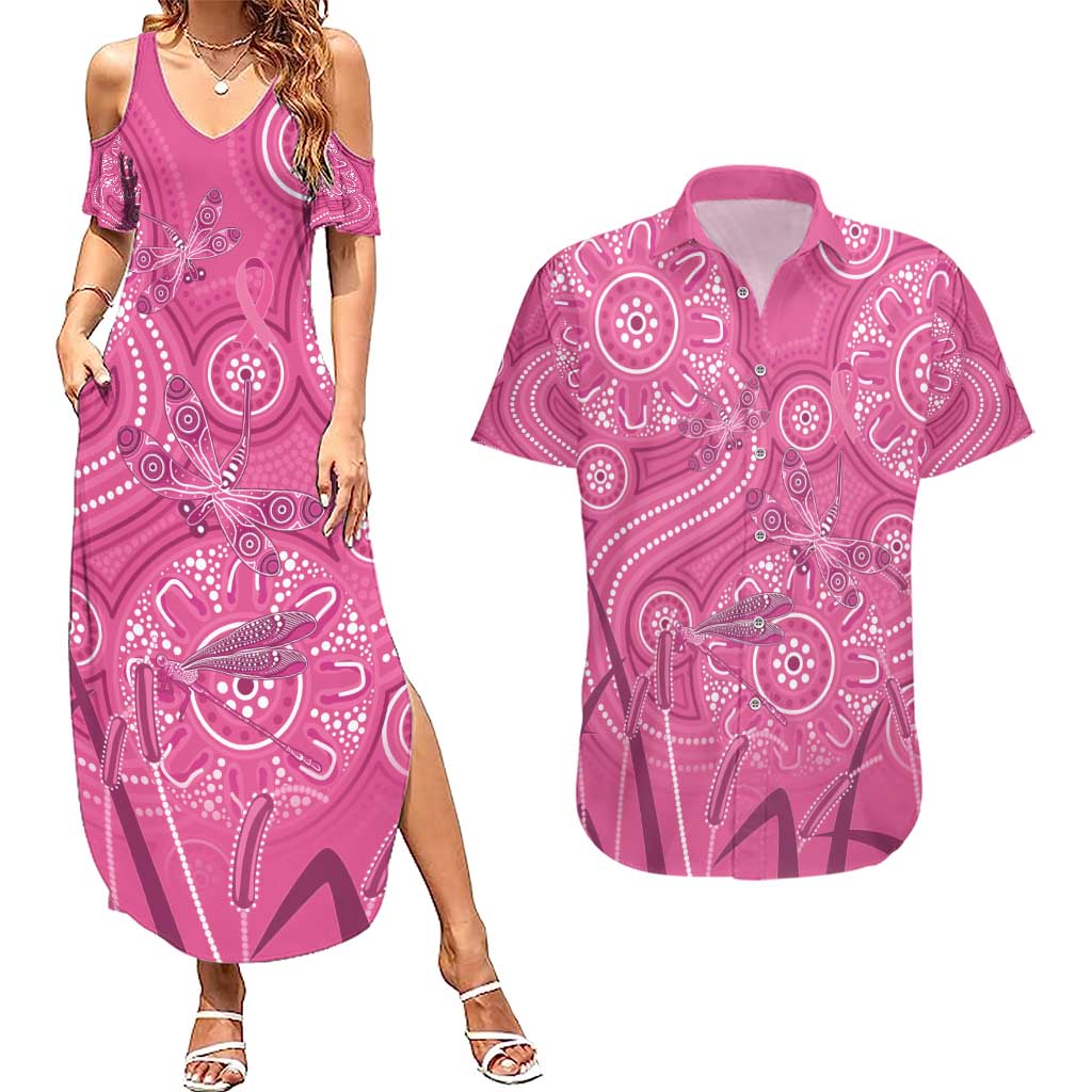 Australia Indigenous Pink Month Couples Matching Summer Maxi Dress and Hawaiian Shirt Breast Cancer Aboriginal Dragonflies Ribbon - Aussie Hoodie