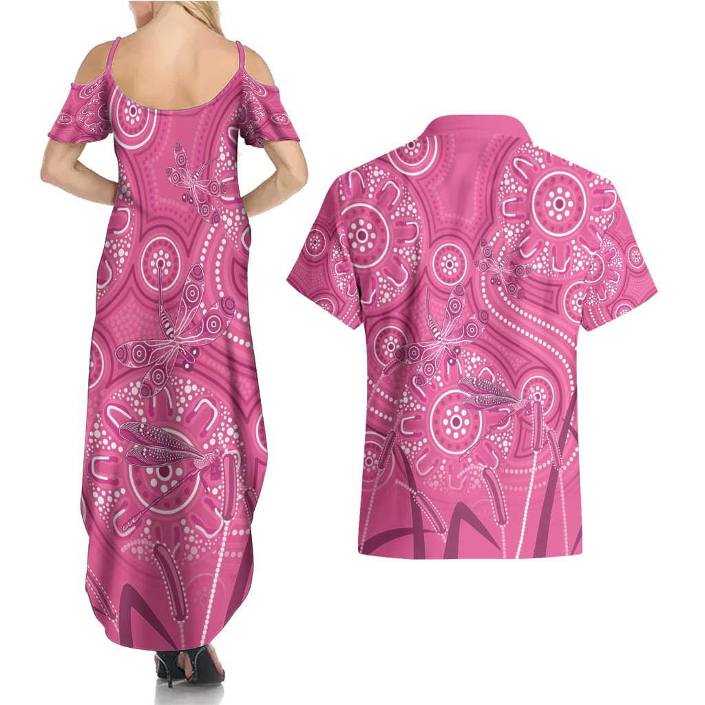Australia Indigenous Pink Month Couples Matching Summer Maxi Dress and Hawaiian Shirt Breast Cancer Aboriginal Dragonflies Ribbon - Aussie Hoodie