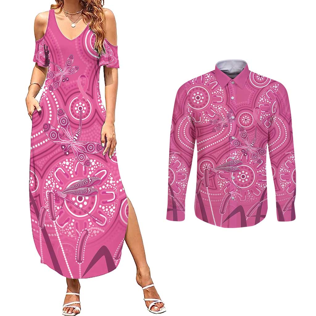 Australia Indigenous Pink Month Couples Matching Summer Maxi Dress and Long Sleeve Button Shirt Breast Cancer Aboriginal Dragonflies Ribbon - Aussie Hoodie