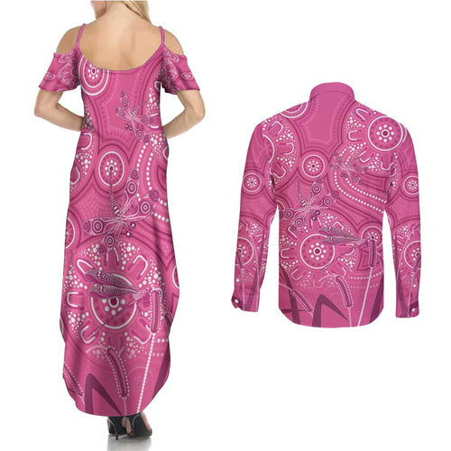 Australia Indigenous Pink Month Couples Matching Summer Maxi Dress and Long Sleeve Button Shirt Breast Cancer Aboriginal Dragonflies Ribbon - Aussie Hoodie