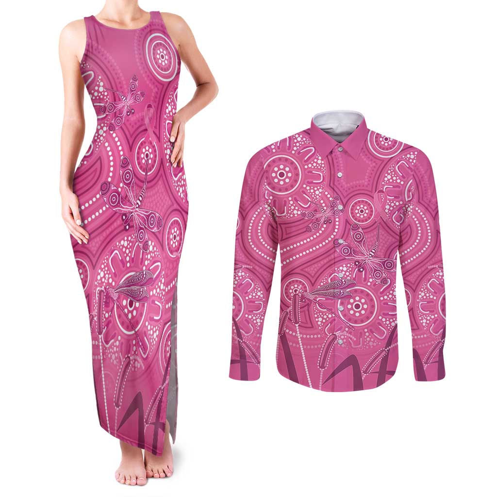Australia Indigenous Pink Month Couples Matching Tank Maxi Dress and Long Sleeve Button Shirt Breast Cancer Aboriginal Dragonflies Ribbon - Aussie Hoodie