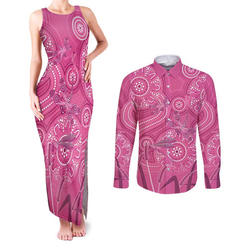 Australia Indigenous Pink Month Couples Matching Tank Maxi Dress and Long Sleeve Button Shirt Breast Cancer Aboriginal Dragonflies Ribbon - Aussie Hoodie