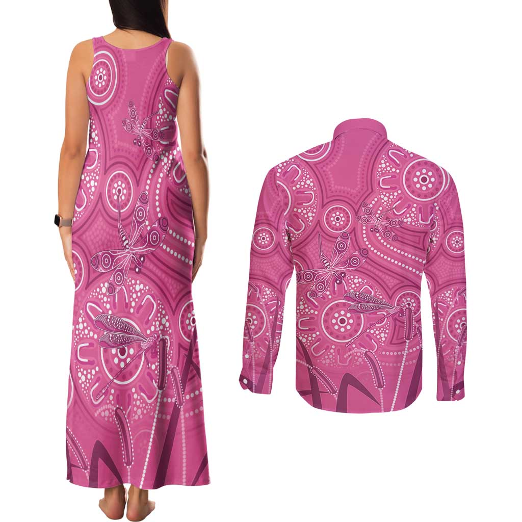 Australia Indigenous Pink Month Couples Matching Tank Maxi Dress and Long Sleeve Button Shirt Breast Cancer Aboriginal Dragonflies Ribbon - Aussie Hoodie