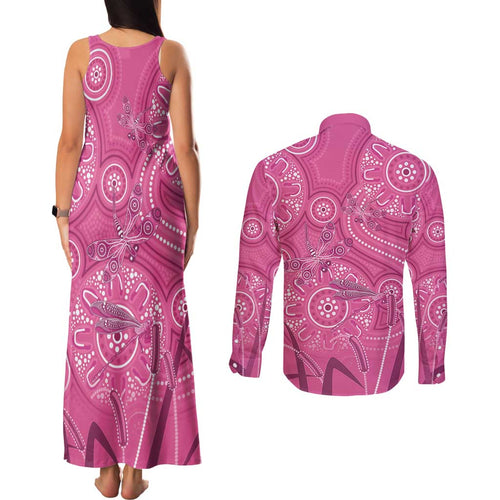 Australia Indigenous Pink Month Couples Matching Tank Maxi Dress and Long Sleeve Button Shirt Breast Cancer Aboriginal Dragonflies Ribbon - Aussie Hoodie