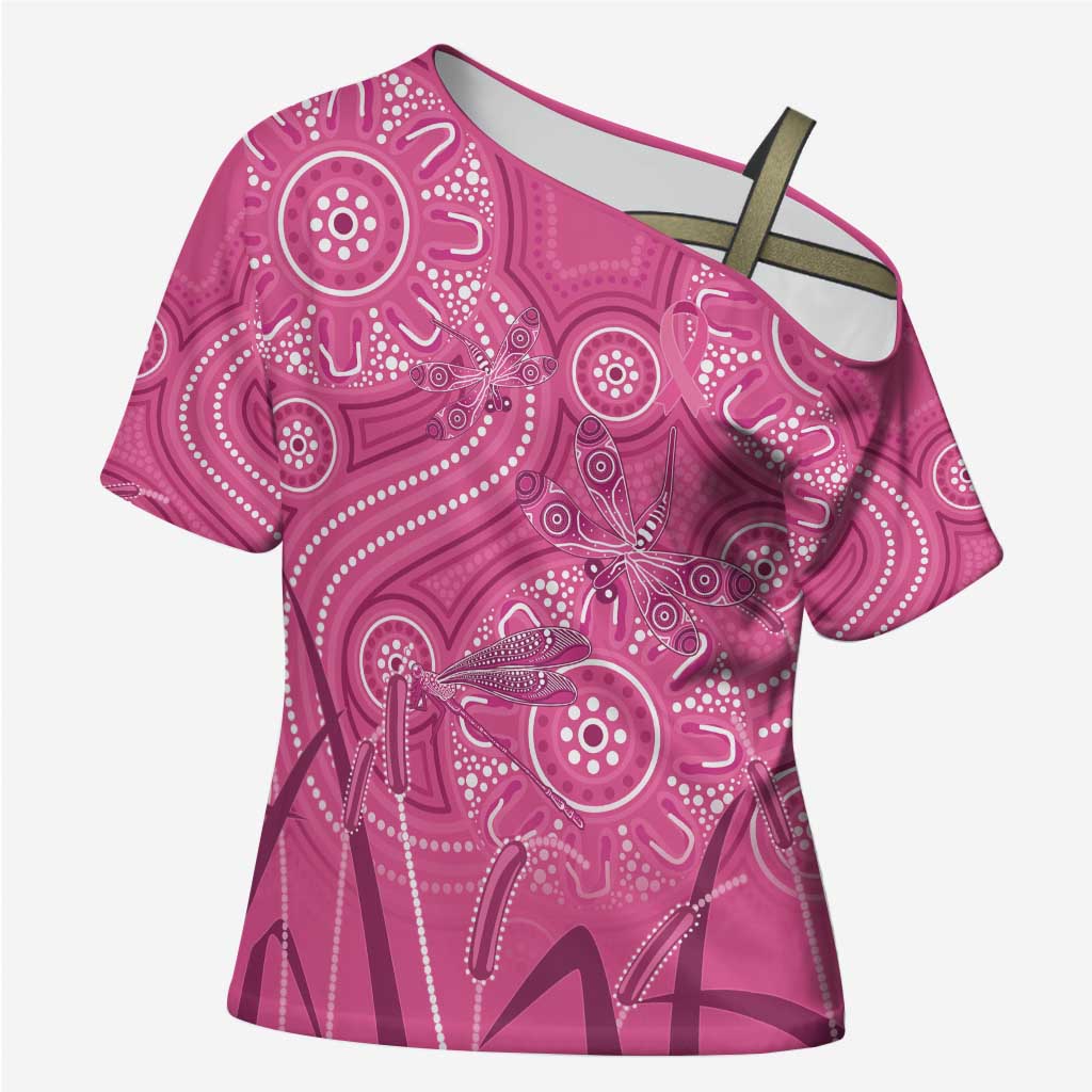 Australia Indigenous Pink Month Cross Shoulder Shirt Breast Cancer Aboriginal Dragonflies Ribbon - Aussie Hoodie