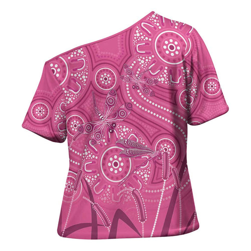 Australia Indigenous Pink Month Cross Shoulder Shirt Breast Cancer Aboriginal Dragonflies Ribbon - Aussie Hoodie
