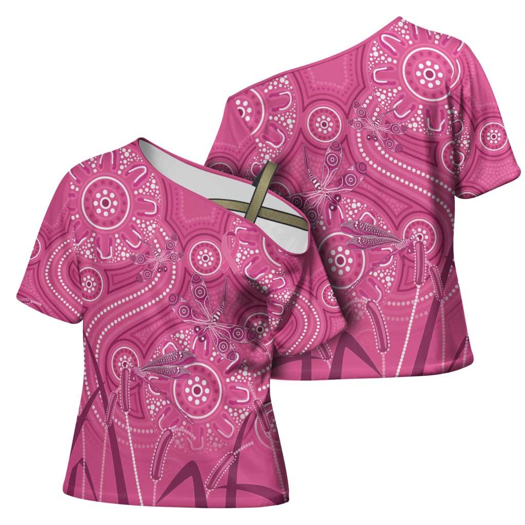 Australia Indigenous Pink Month Cross Shoulder Shirt Breast Cancer Aboriginal Dragonflies Ribbon - Aussie Hoodie