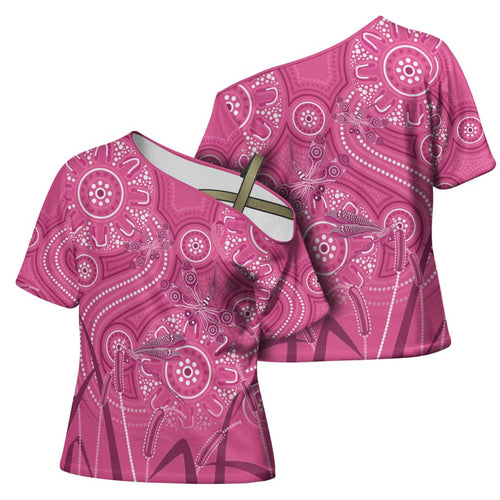 Australia Indigenous Pink Month Cross Shoulder Shirt Breast Cancer Aboriginal Dragonflies Ribbon - Aussie Hoodie
