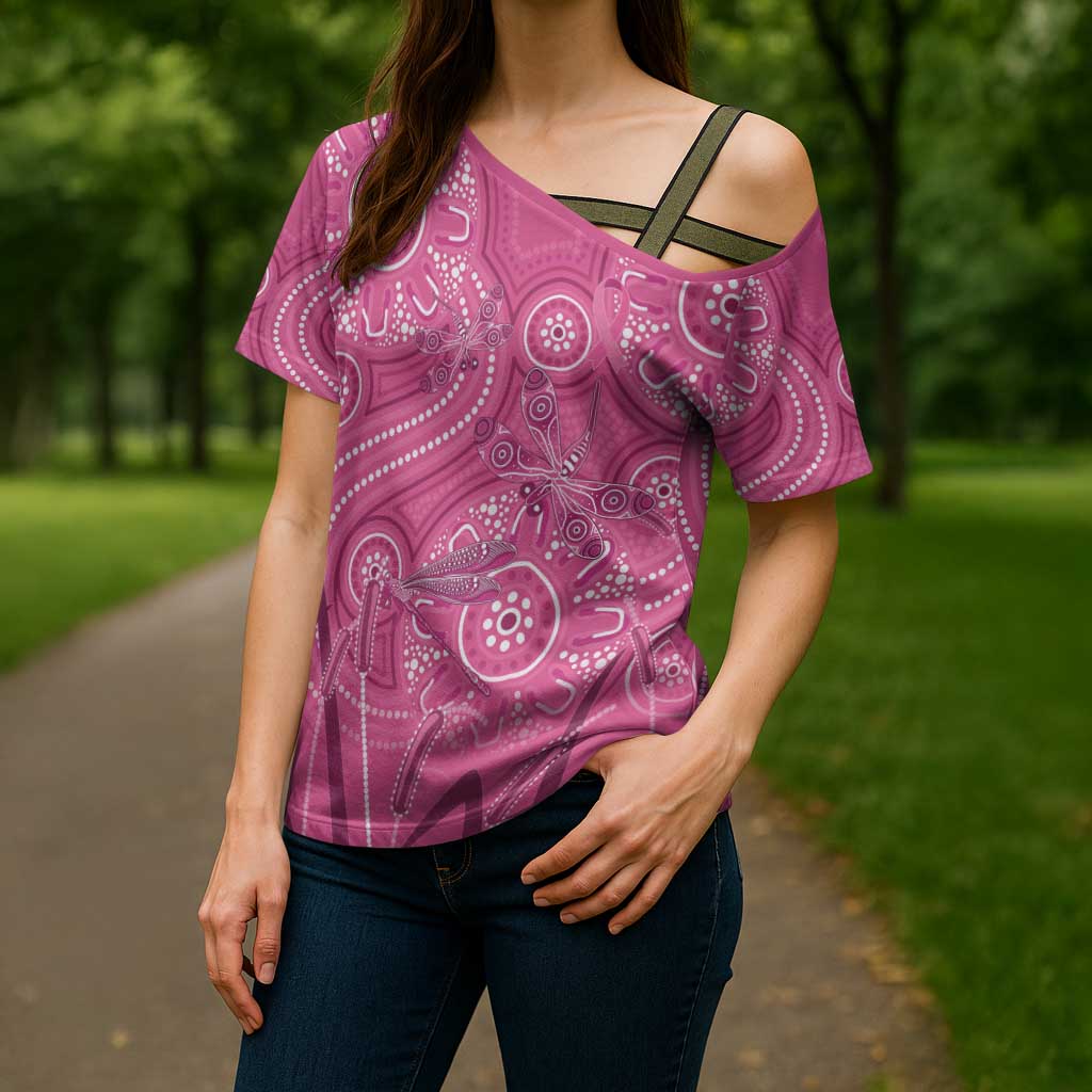 Australia Indigenous Pink Month Cross Shoulder Shirt Breast Cancer Aboriginal Dragonflies Ribbon - Aussie Hoodie