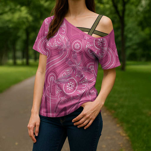 Australia Indigenous Pink Month Cross Shoulder Shirt Breast Cancer Aboriginal Dragonflies Ribbon - Aussie Hoodie