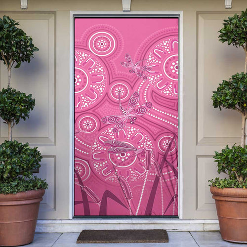Australia Indigenous Pink Month Door Cover Breast Cancer Aboriginal Dragonflies Ribbon - Aussie Hoodie