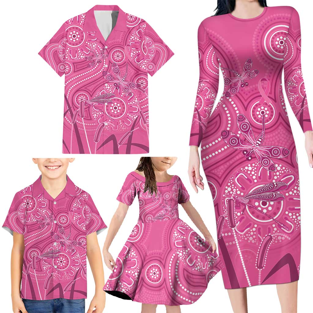 Australia Indigenous Pink Month Family Matching Long Sleeve Bodycon Dress and Hawaiian Shirt Breast Cancer Aboriginal Dragonflies Ribbon - Aussie Hoodie