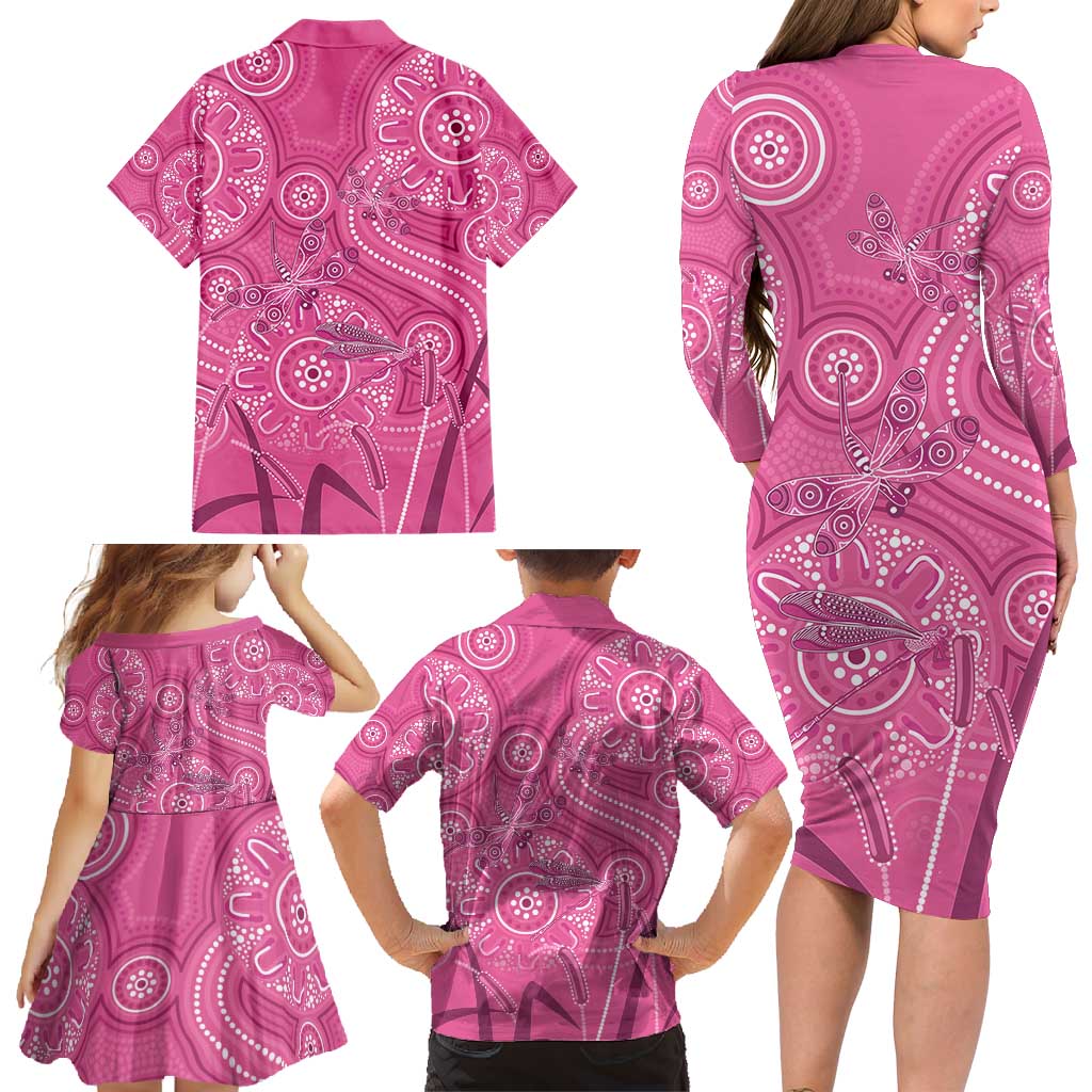 Australia Indigenous Pink Month Family Matching Long Sleeve Bodycon Dress and Hawaiian Shirt Breast Cancer Aboriginal Dragonflies Ribbon - Aussie Hoodie