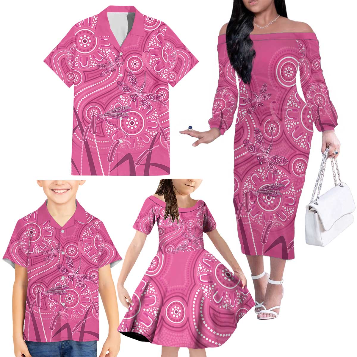 Australia Indigenous Pink Month Family Matching Off The Shoulder Long Sleeve Dress and Hawaiian Shirt Breast Cancer Aboriginal Dragonflies Ribbon - Aussie Hoodie