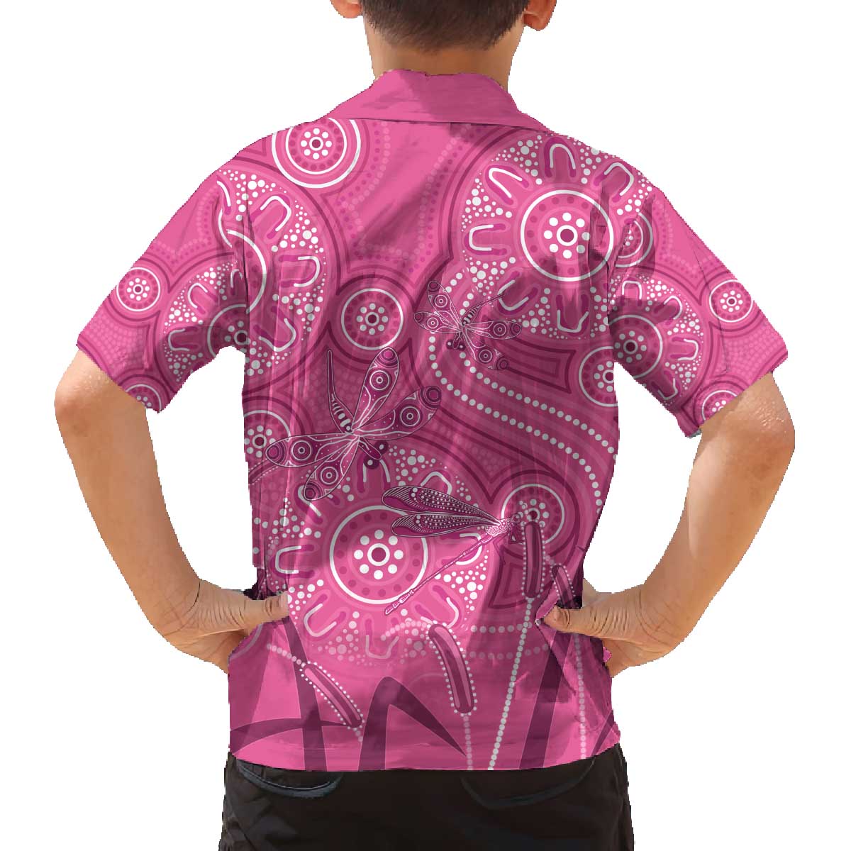Australia Indigenous Pink Month Family Matching Off The Shoulder Long Sleeve Dress and Hawaiian Shirt Breast Cancer Aboriginal Dragonflies Ribbon - Aussie Hoodie
