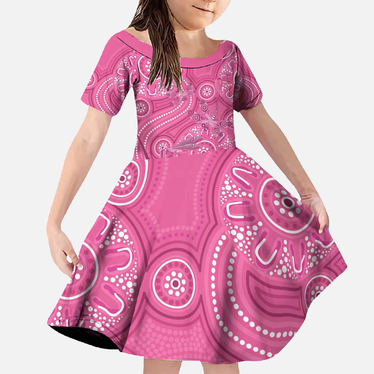 Australia Indigenous Pink Month Family Matching Off The Shoulder Long Sleeve Dress and Hawaiian Shirt Breast Cancer Aboriginal Dragonflies Ribbon - Aussie Hoodie